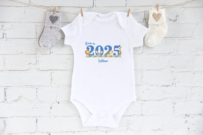 Personalised born in 2025 personalised white baby vest