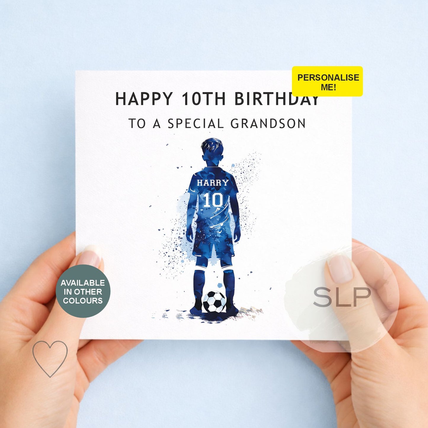 Personalised football birthday card with name and age printed on the player's shirt. Choose the relationship and colour for a unique football fan card.