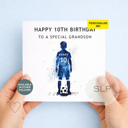 Personalised football birthday card with name and age printed on the player's shirt. Choose the relationship and colour for a unique football fan card.