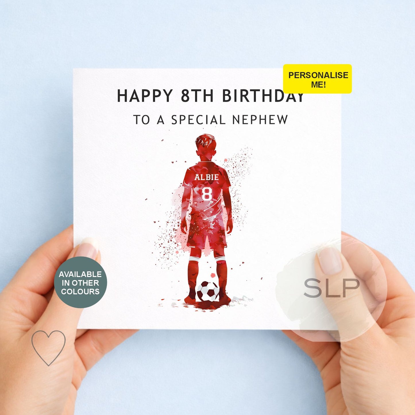 Personalised football birthday card with name and age printed on the player's shirt. Choose the relationship and colour for a unique football fan card.