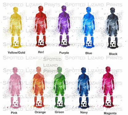 Personalised football birthday card with name and age printed on the player's shirt. Choose the relationship and colour for a unique football fan card.