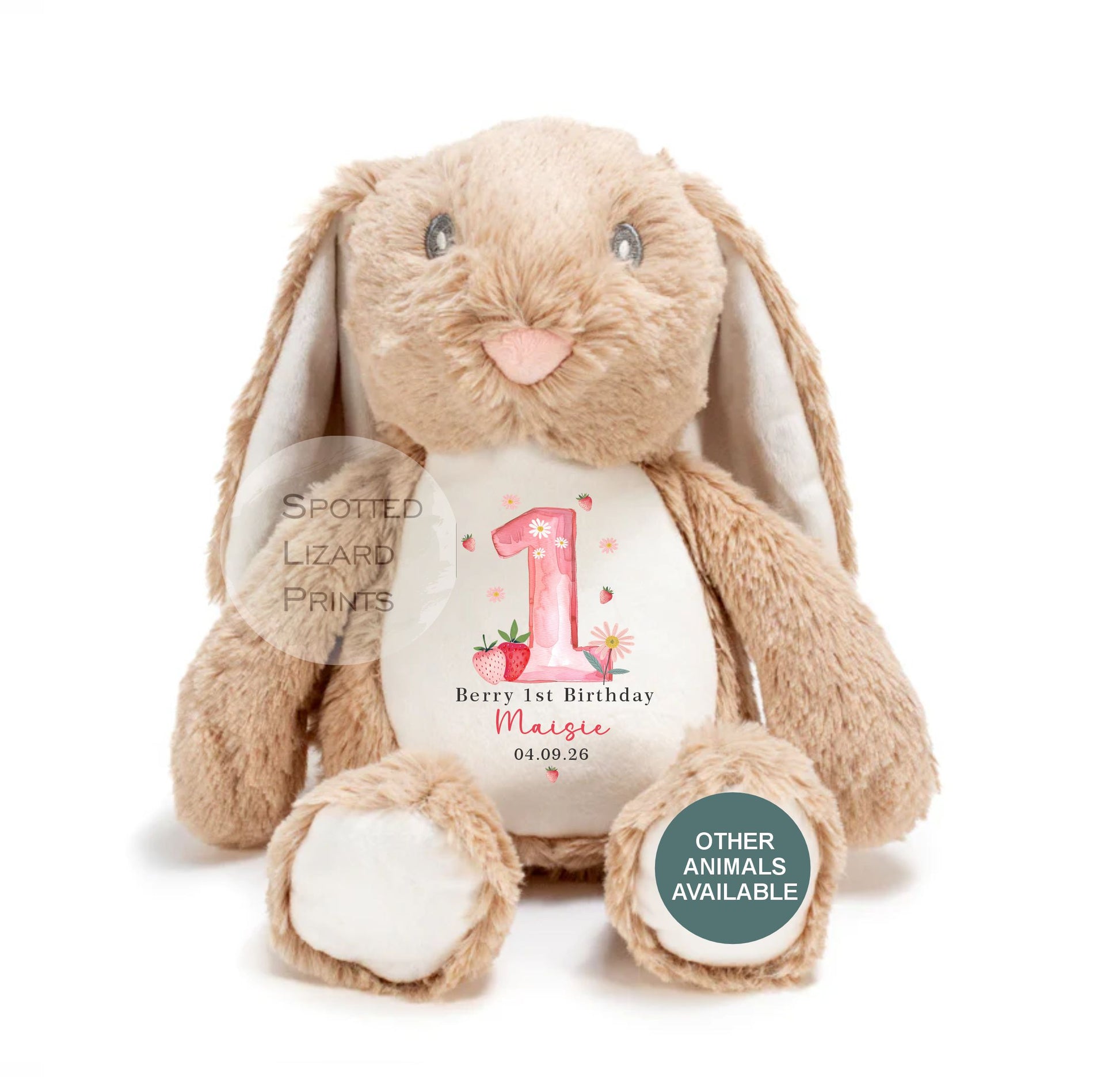 Personalised Berry First Birthday Bunny, Personalised Soft Toy, Berry 1st, First Birthday Gift for Baby, Strawberry First Birthday Teddy