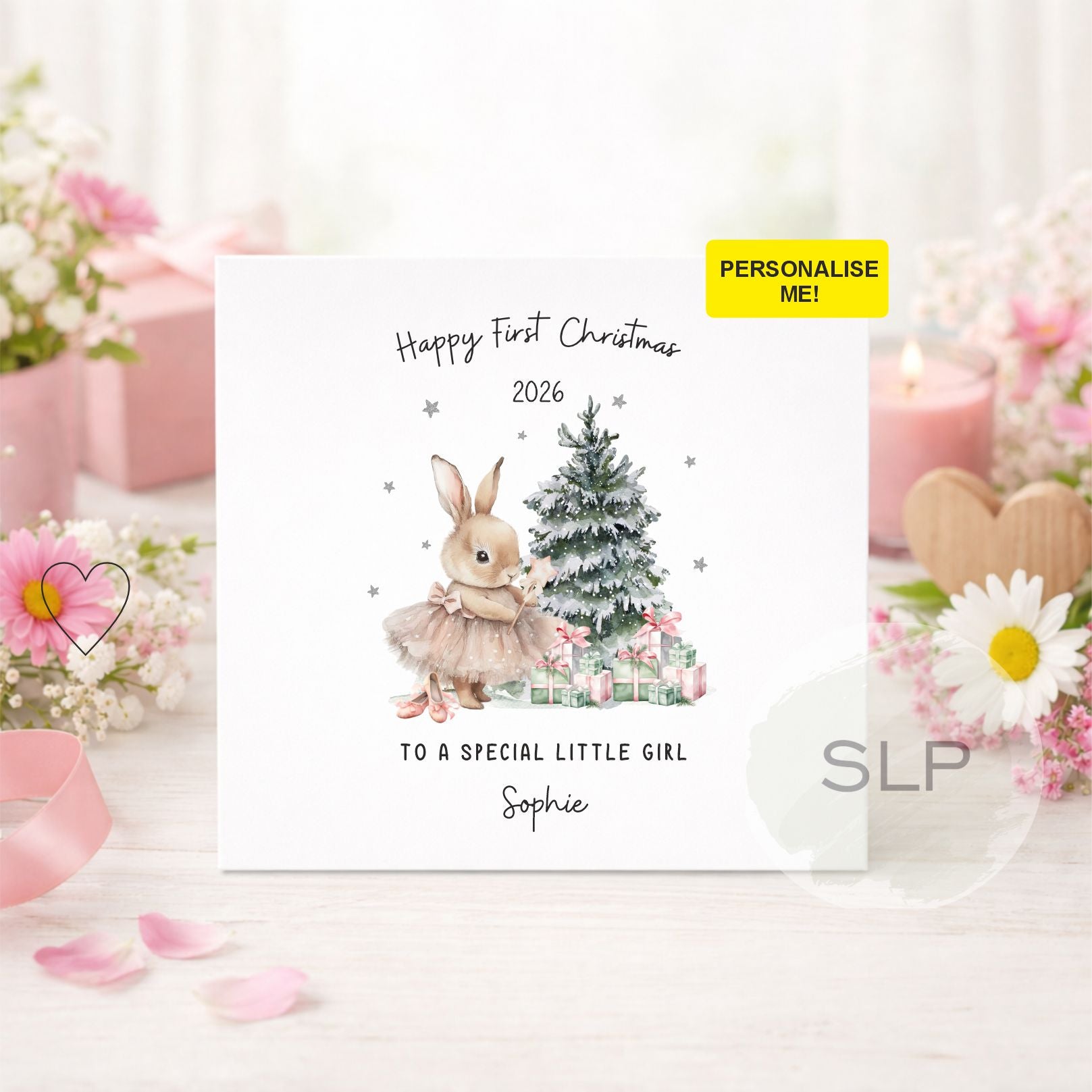 Personalised first Christmas card for a baby girl, granddaughter or daughter. Featuring a cute Christmas bunny, tree and gifts. Add your own wording and name.