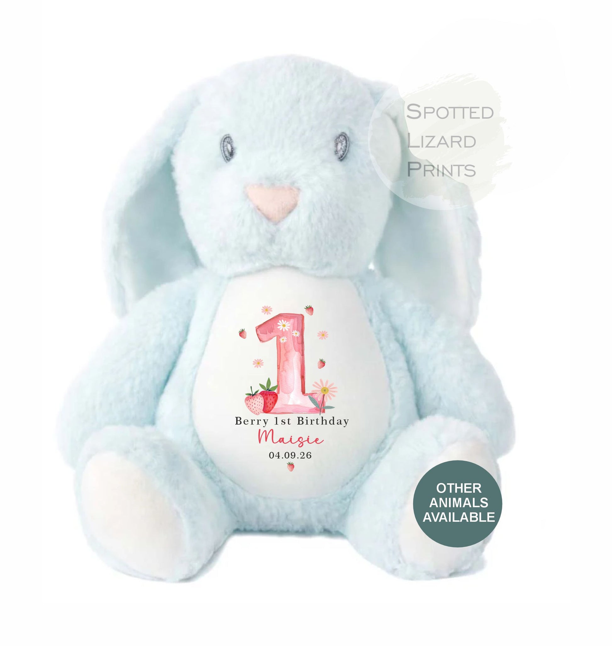Personalised Berry First Birthday Bunny, Personalised Soft Toy, Berry 1st, First Birthday Gift for Baby, Strawberry First Birthday Teddy