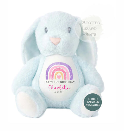 Personalised First Birthday , Rainbow 1st Birthday Gift Girl Teddy, 1st Baby Girl, Birthday Present, Personalised 1st Birthday Soft Toy