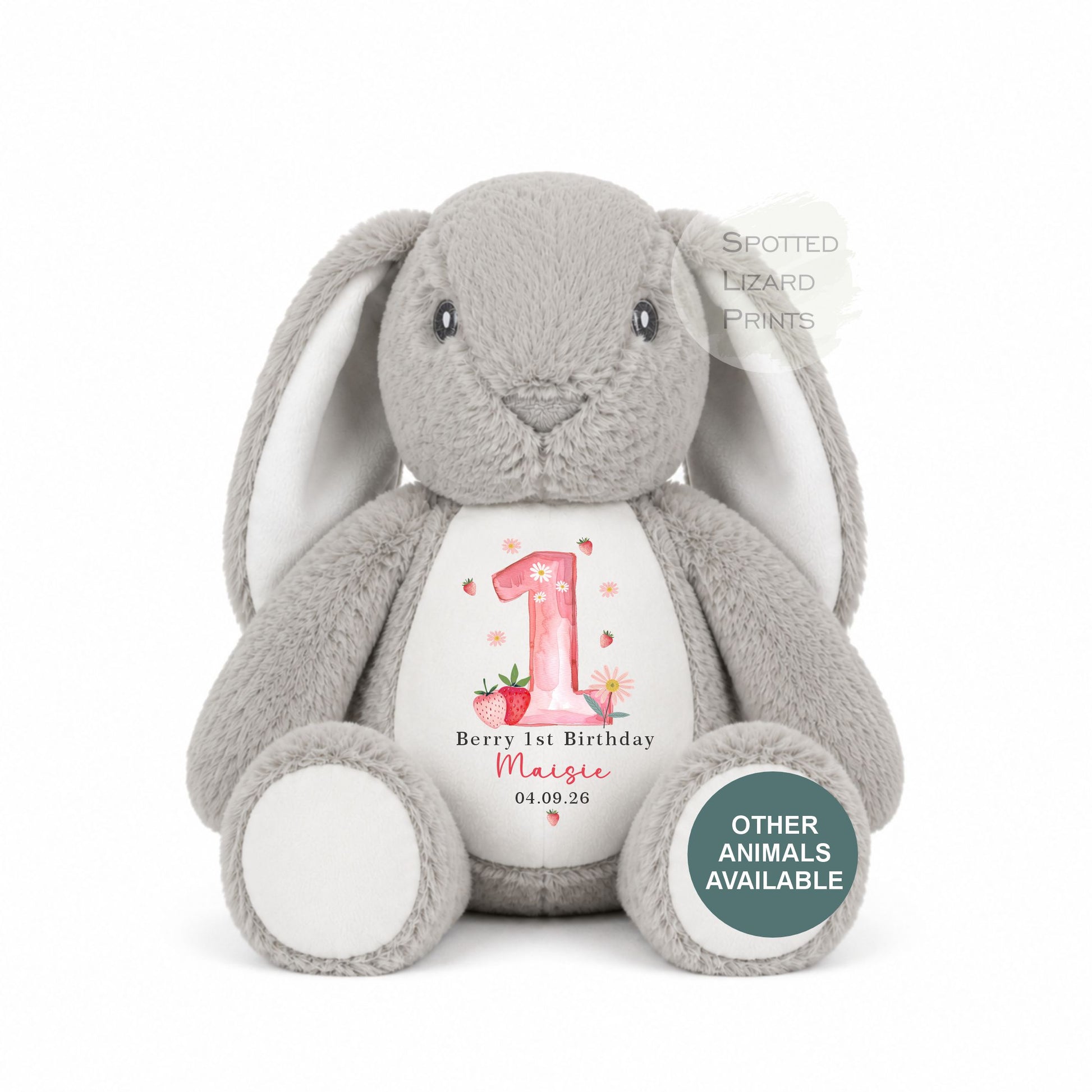 Personalised Berry First Birthday Bunny, Personalised Soft Toy, Berry 1st, First Birthday Gift for Baby, Strawberry First Birthday Teddy