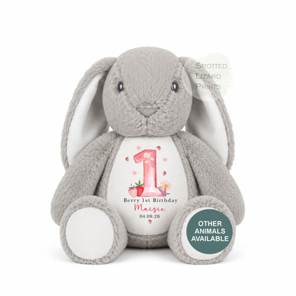 Personalised Berry First Birthday Bunny, Personalised Soft Toy, Berry 1st, First Birthday Gift for Baby, Strawberry First Birthday Teddy