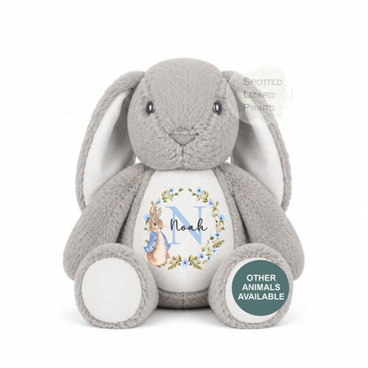 Personalised Peter Rabbit New Baby Soft Toy with Name & Initial, Bunny Rabbit Teddy, New Baby Boy Gift, Baby Shower Keepsake