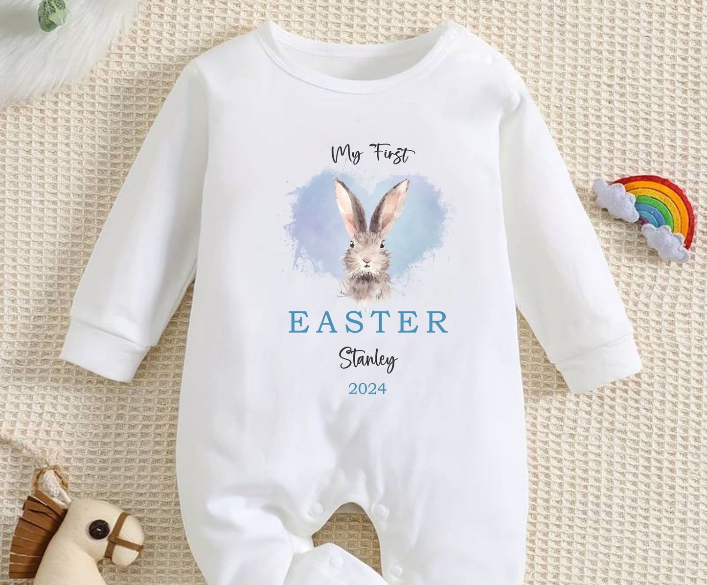 baby my first easter white sleep suit personalised with name