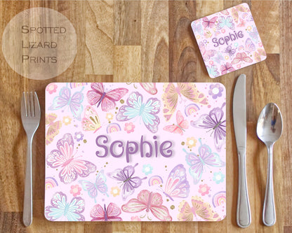 Personalised Bufferflies Placemat and Coaster Set, Kid's Dinner Set, Butterflies gift, Children's Birthday Gift, Butterflies Placemat