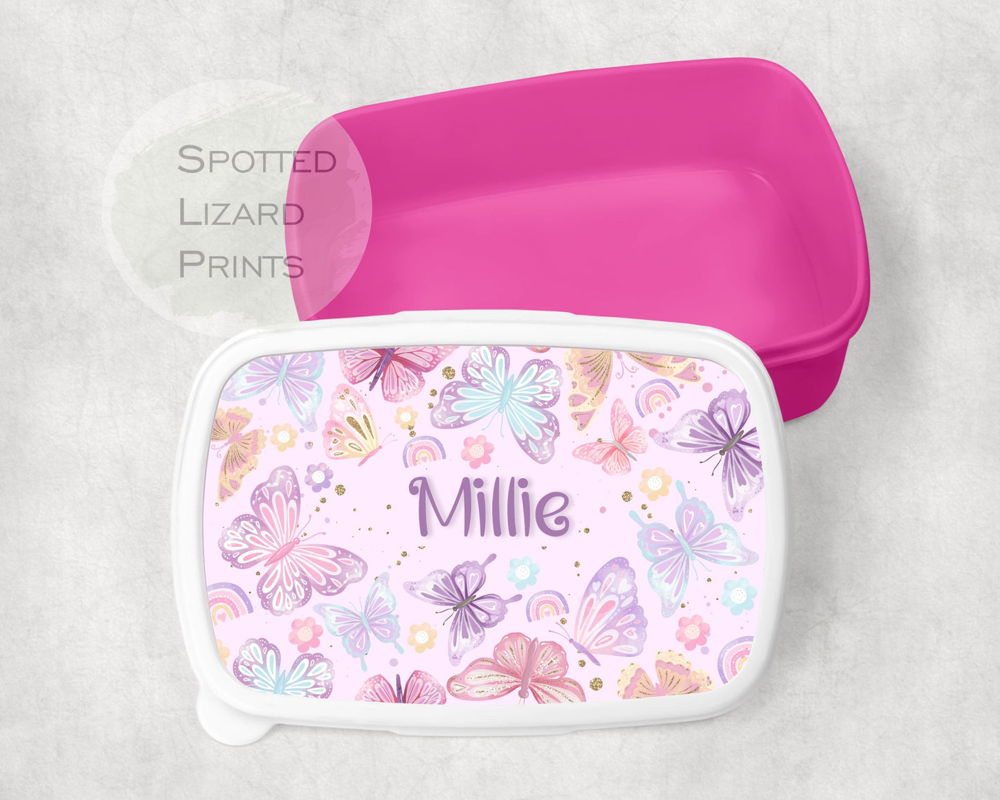 Pink Girls lunch Box. Butterflies. Personalised with a name.