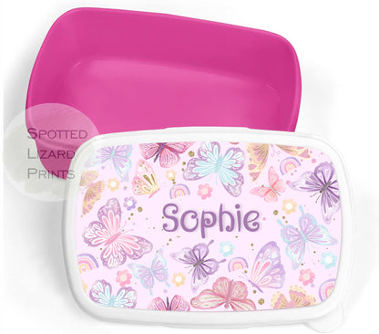 Pink Girls lunch Box. Butterflies. Personalised with a name.