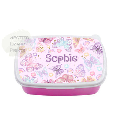 Pink Girls lunch Box. Butterflies. Personalised with a name.