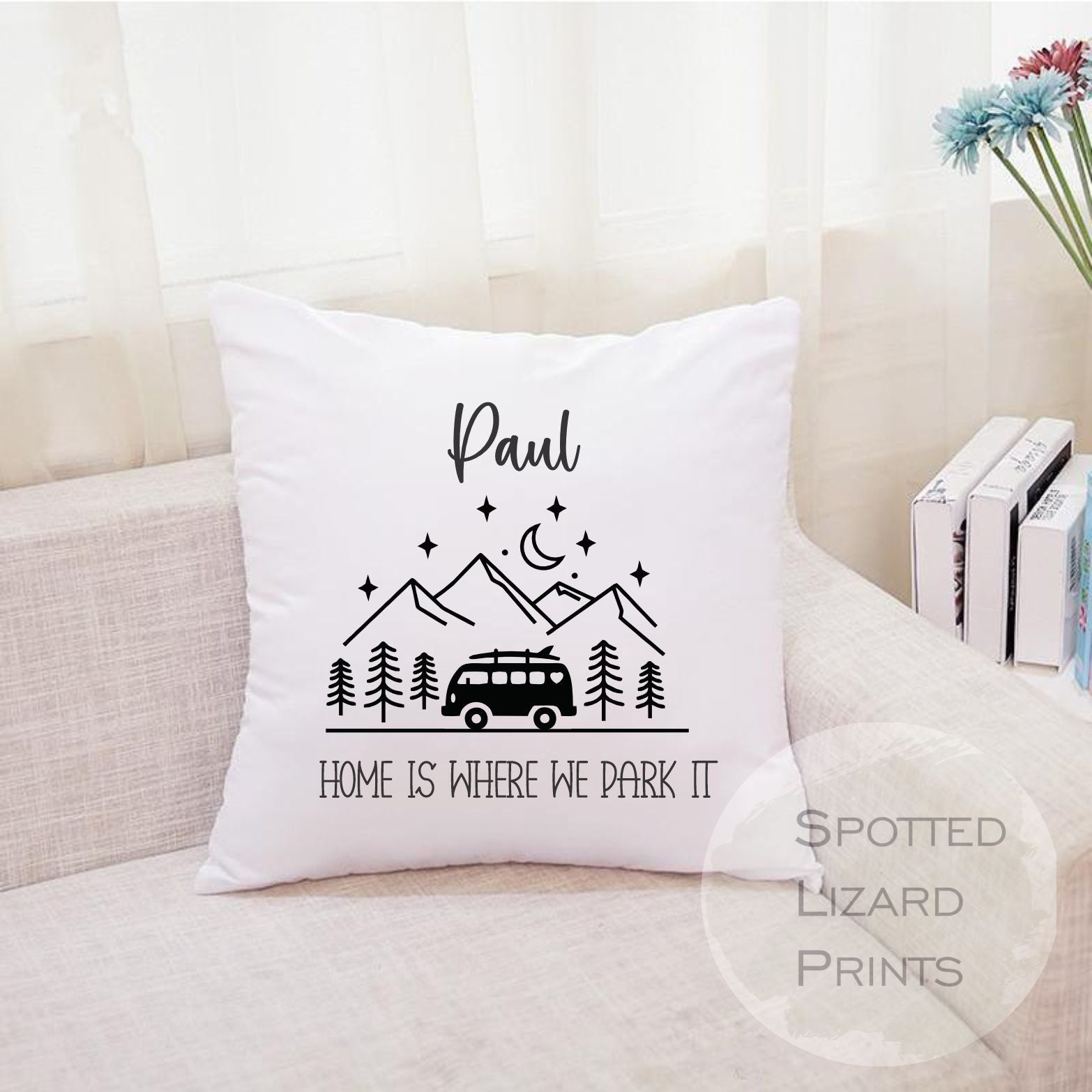 Personalised Camper Van cushion. White cushion with a black camper Van. Personalised with a name.