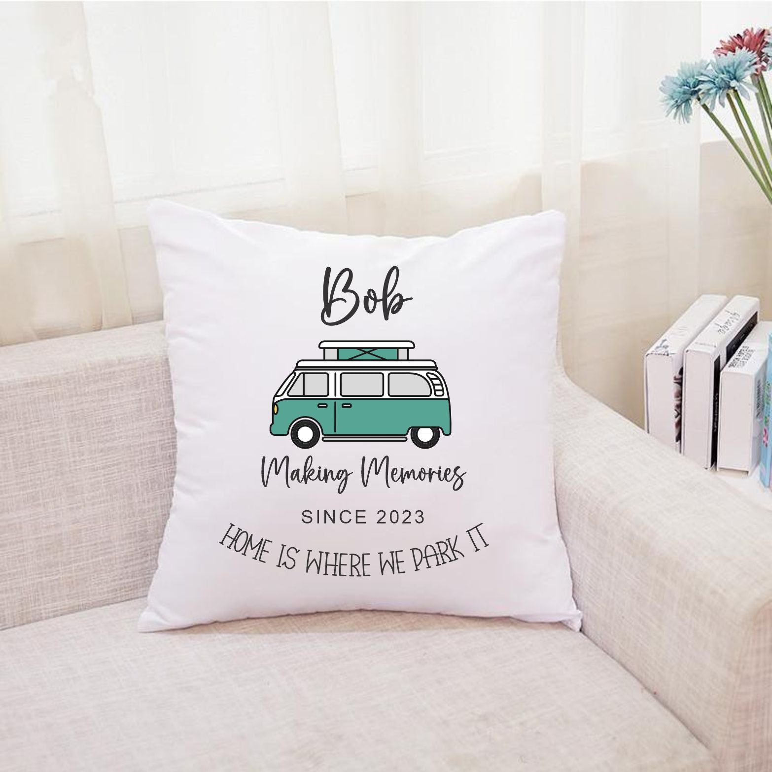 green personalised camper van pillow