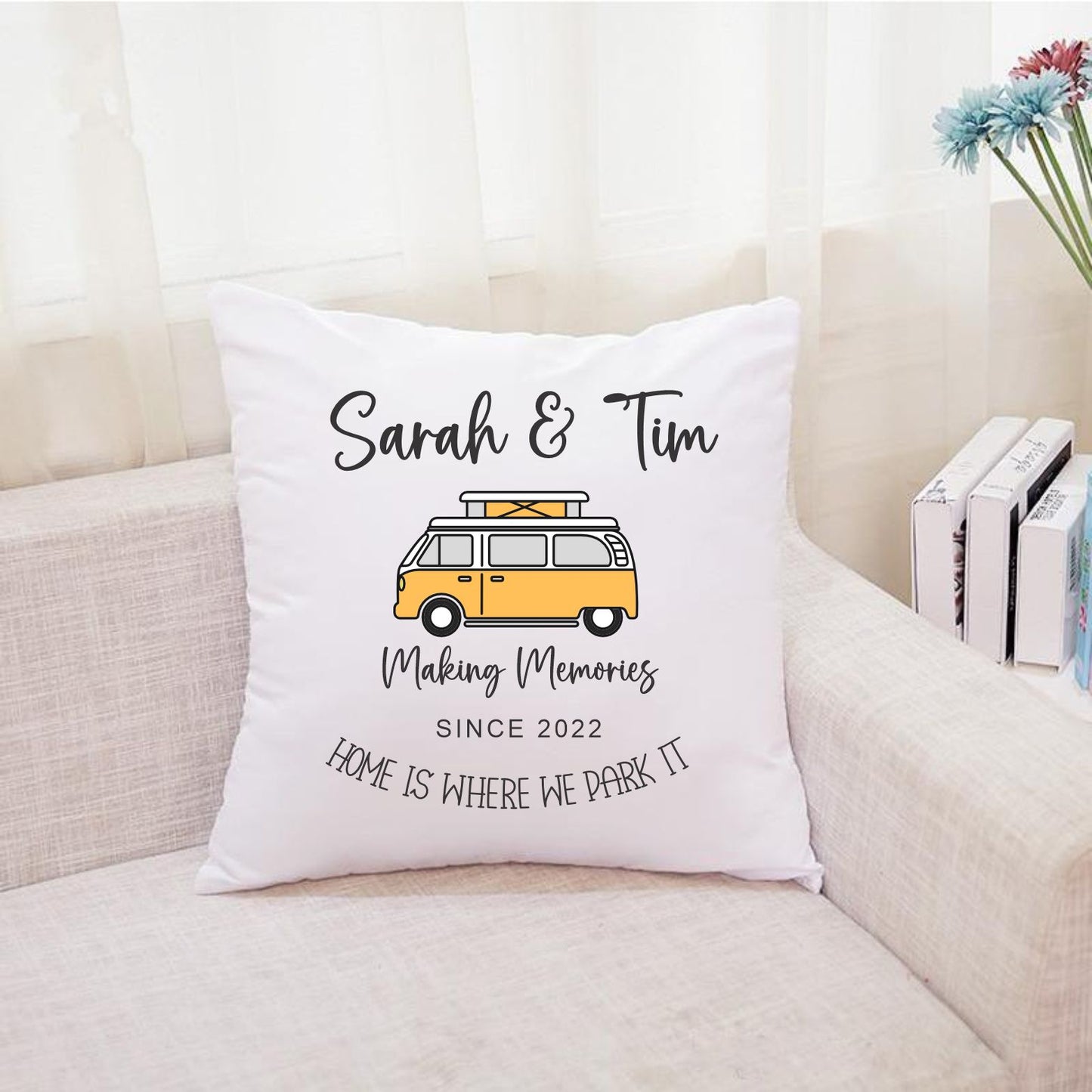 yellow camper van cushion personalised with name