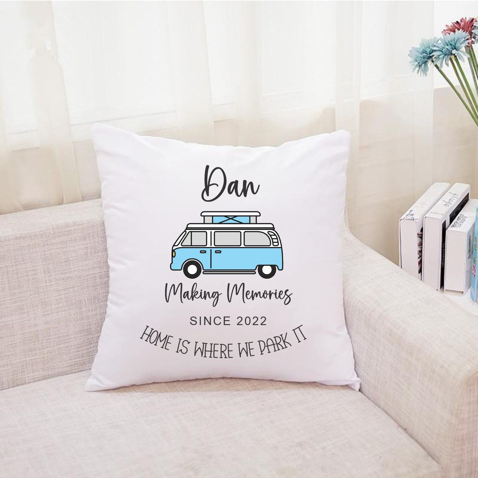 personalised camper van pillow with blue camper van