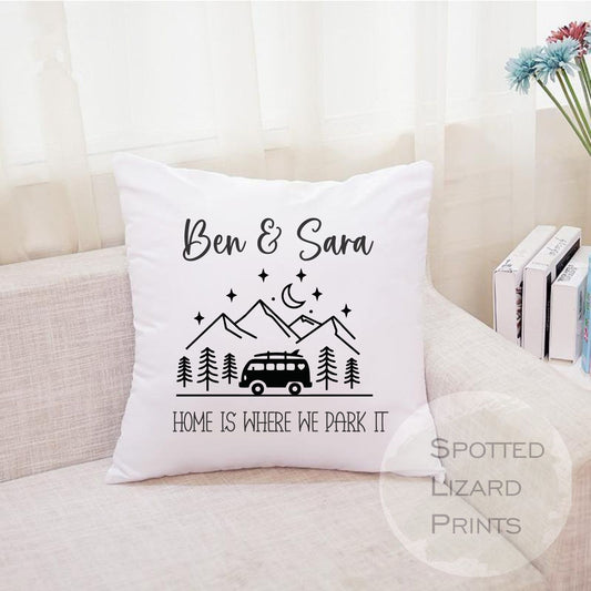 Personalised Camper Van cushion. White cushion with a black camper Van. Personalised with a name.
