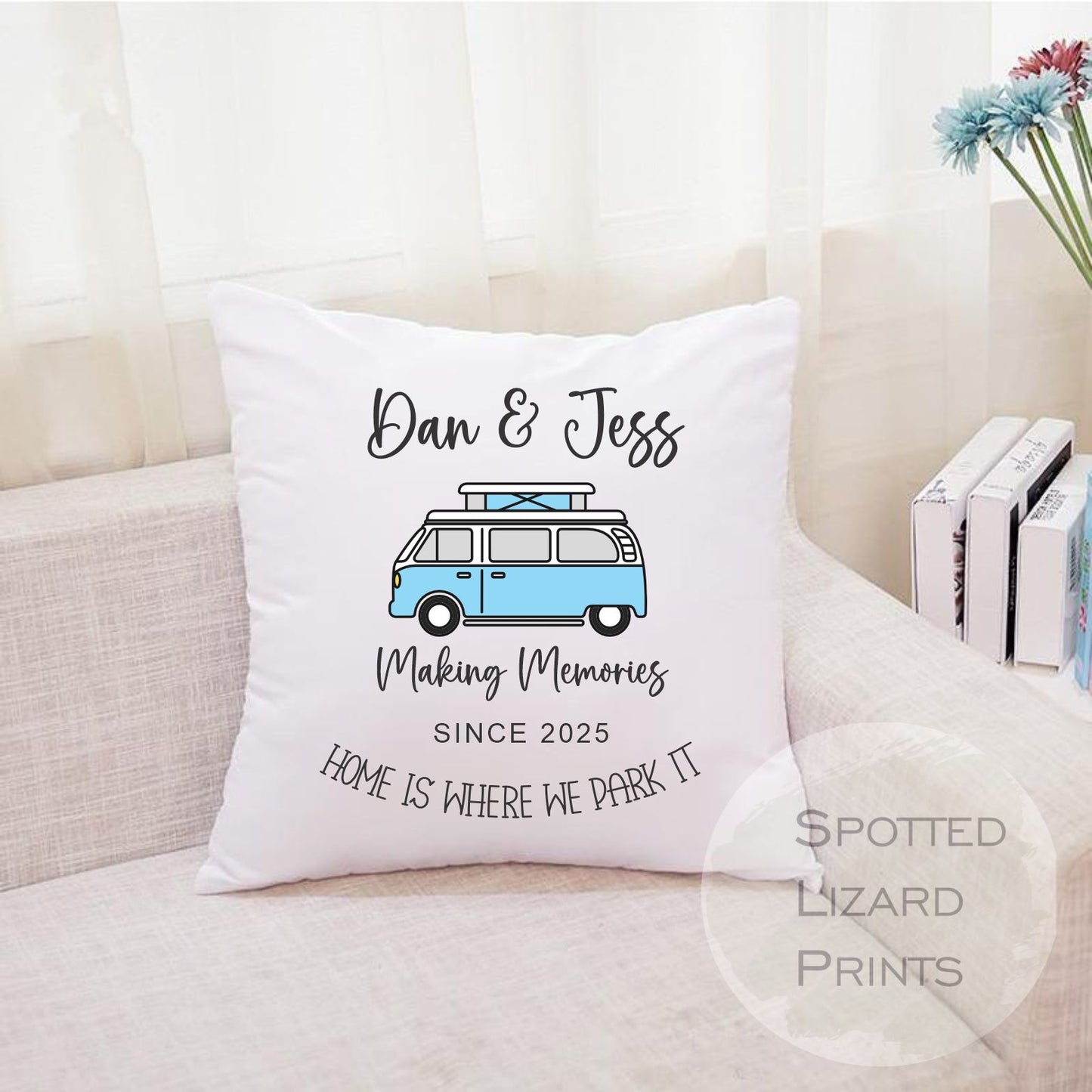 blue camper van cushion personalised with name