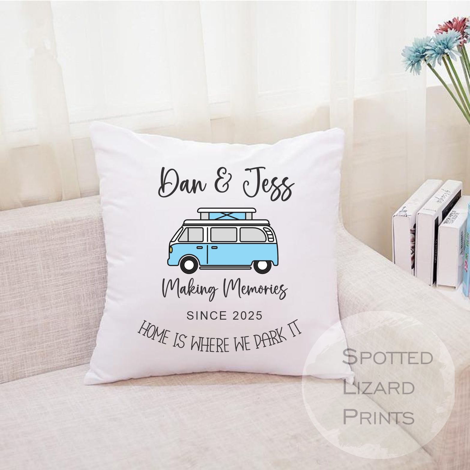blue camper van cushion personalised with name