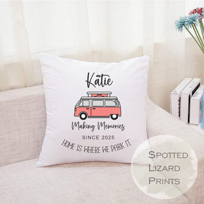 pink camper van cushion personalised with name