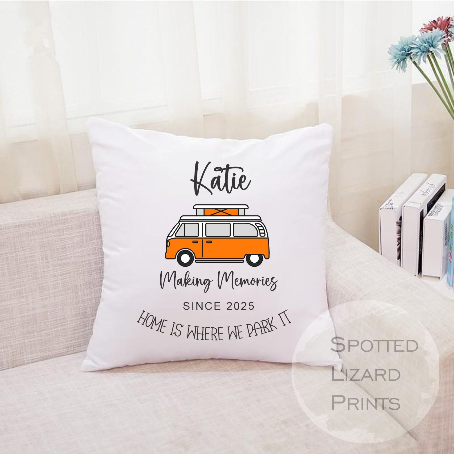 orange camper van cushion personalised with name