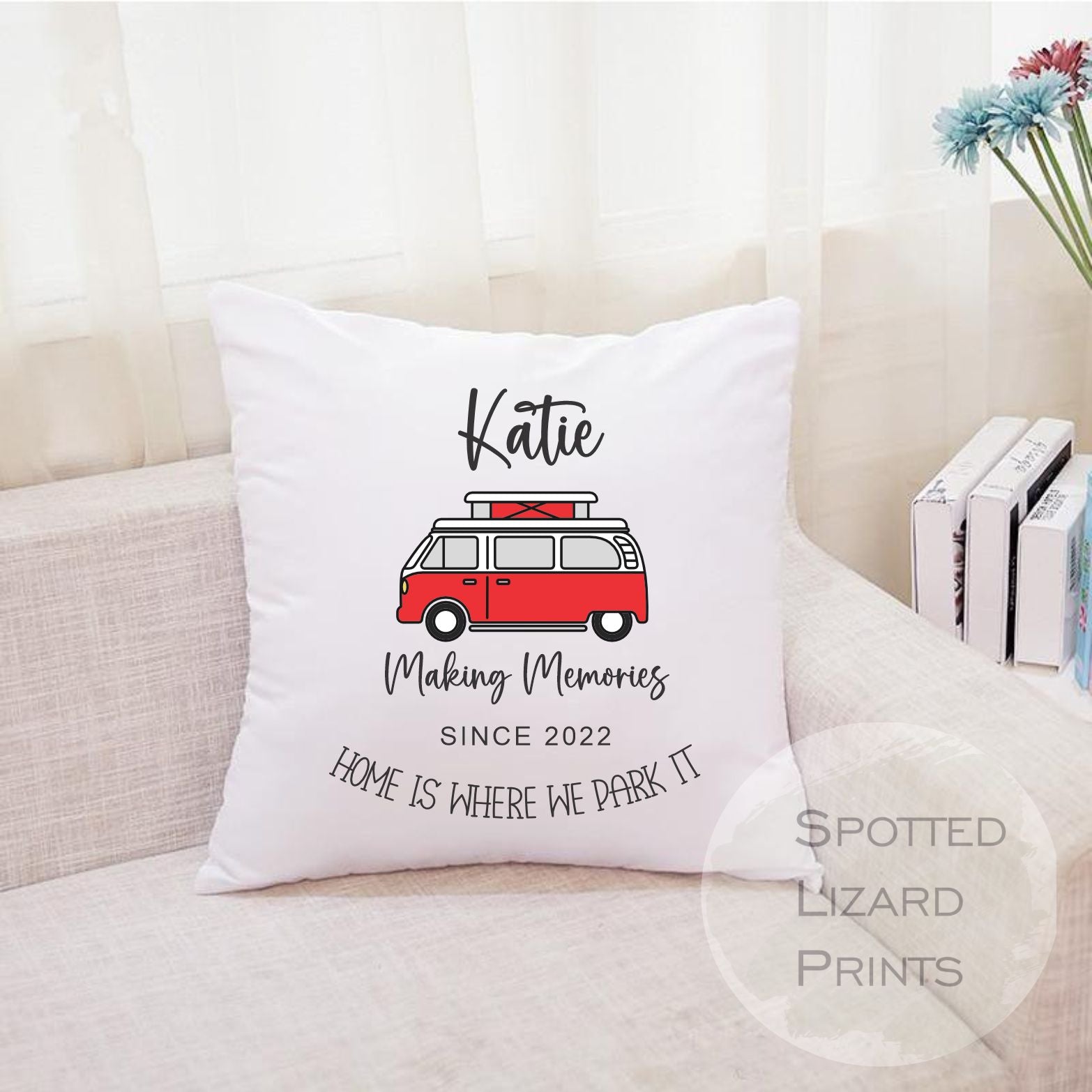 red camper van cushion personalised with name