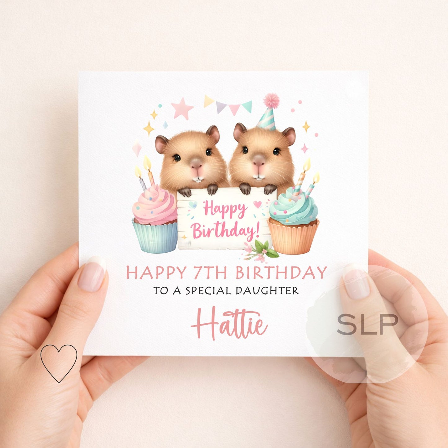 Personalised Capybara Birthday Card – Cute Girls Birthday Card – Custom Age & Name – Daughter, Sister, Granddaughter