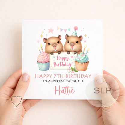 Personalised Capybara Birthday Card – Cute Girls Birthday Card – Custom Age & Name – Daughter, Sister, Granddaughter