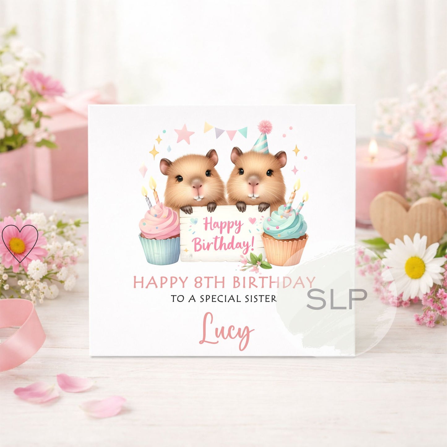 Personalised Capybara Birthday Card – Cute Girls Birthday Card – Custom Age & Name – Daughter, Sister, Granddaughter