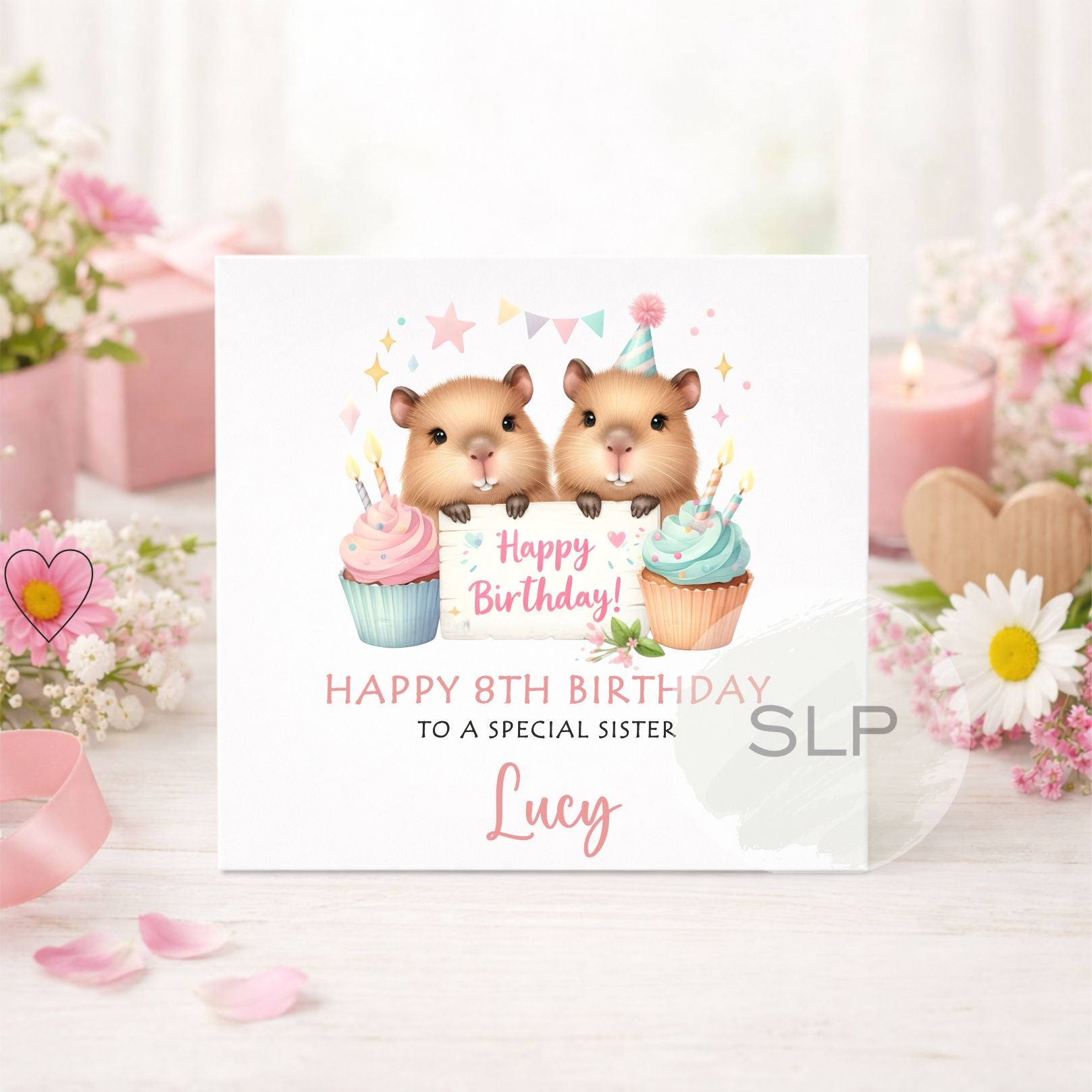 Personalised Capybara Birthday Card – Cute Girls Birthday Card – Custom Age & Name – Daughter, Sister, Granddaughter