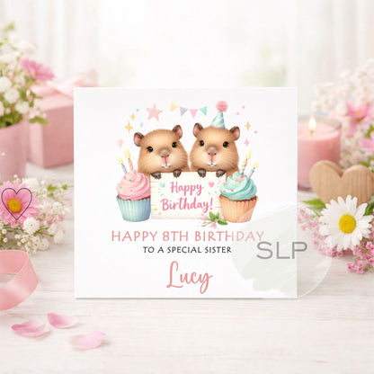 Personalised Capybara Birthday Card – Cute Girls Birthday Card – Custom Age & Name – Daughter, Sister, Granddaughter