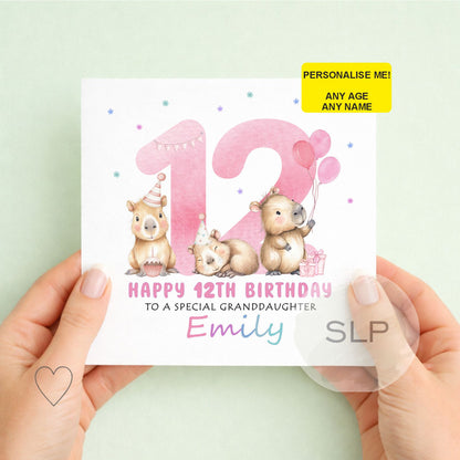 Personalised Capybara Birthday Card – Cute Capybara Birthday Card – Custom Name & Age – Daughter or Granddaughter