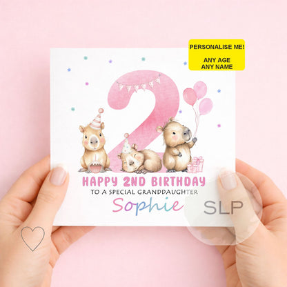 Personalised Capybara Birthday Card – Cute Capybara Birthday Card – Custom Name & Age – Daughter or Granddaughter
