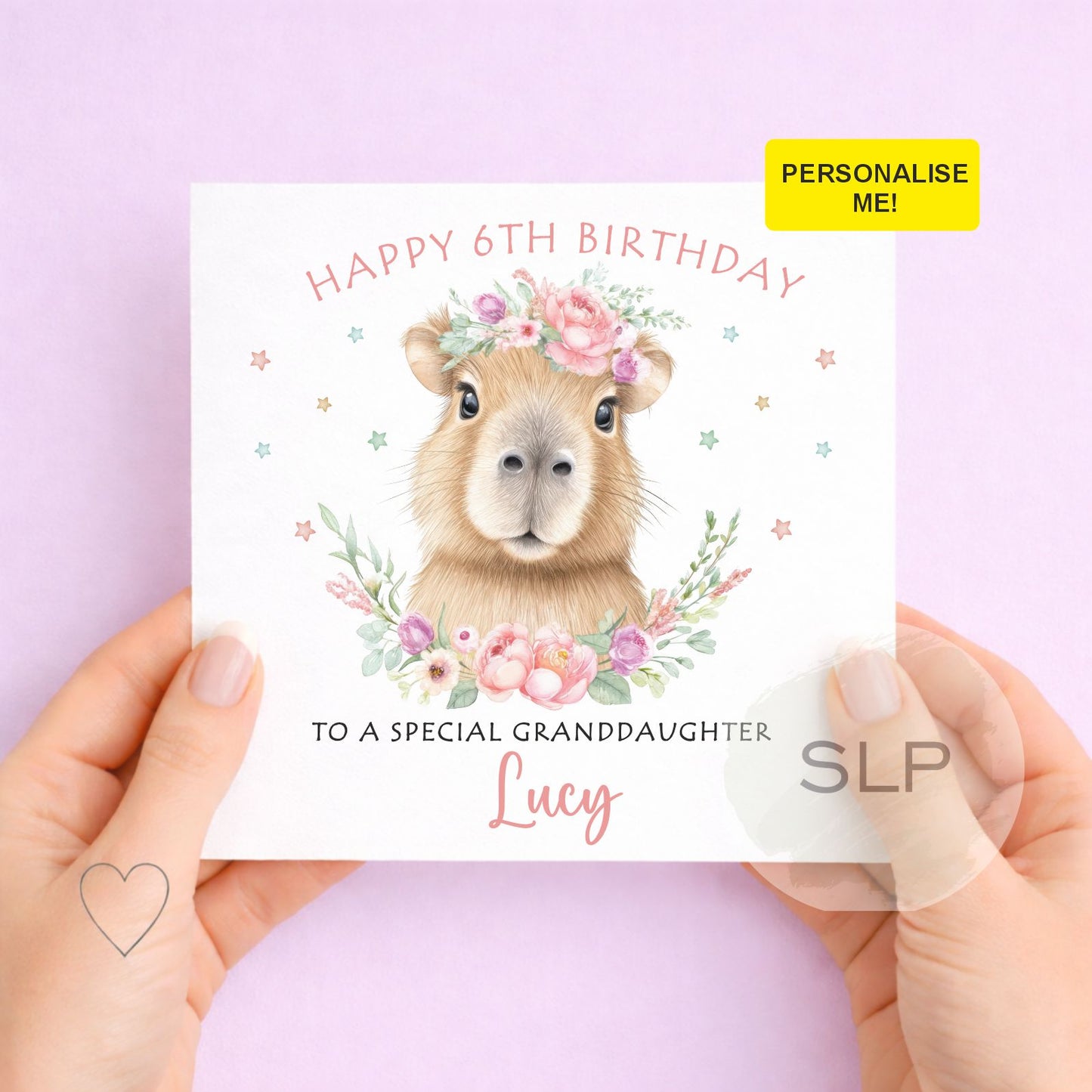 Cute personalised capybara birthday card with custom name, age and relationship. A pretty floral animal card for daughters, granddaughters and capybara fans.