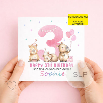 Personalised Capybara Birthday Card – Cute Capybara Birthday Card – Custom Name & Age – Daughter or Granddaughter