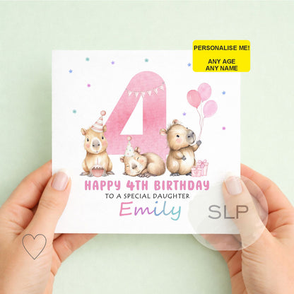 Personalised Capybara Birthday Card – Cute Capybara Birthday Card – Custom Name & Age – Daughter or Granddaughter