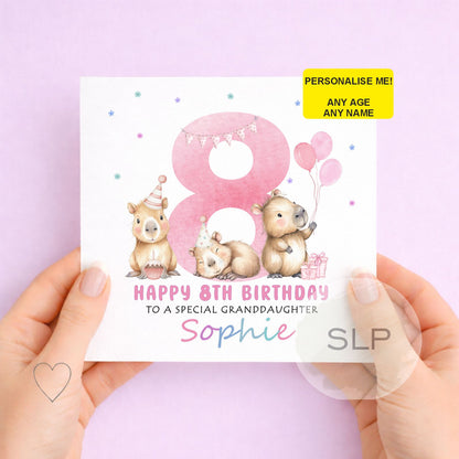 Personalised Capybara Birthday Card – Cute Capybara Birthday Card – Custom Name & Age – Daughter or Granddaughter