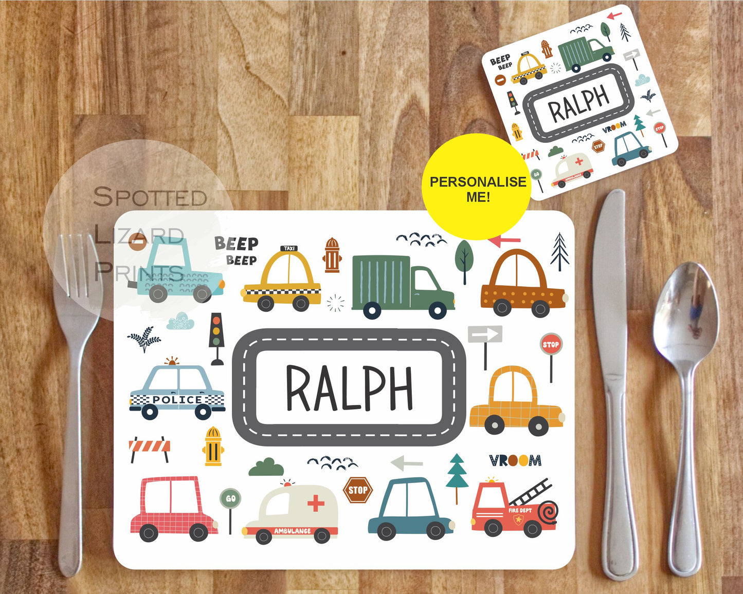 personalised cars placemat and coaster set