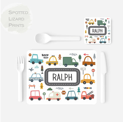 personalised cars placemat and coaster set