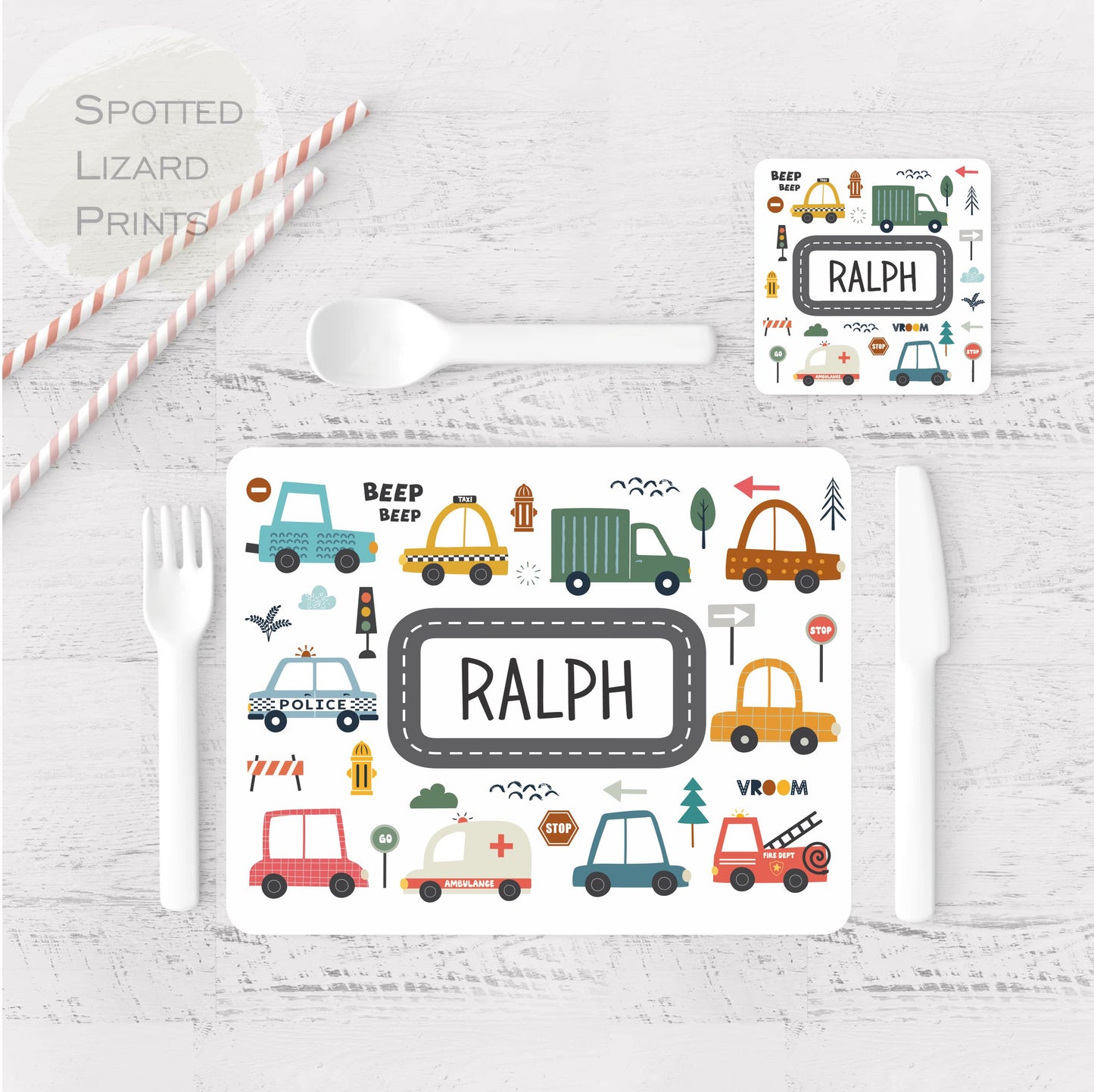 personalised cars placemat and coaster set