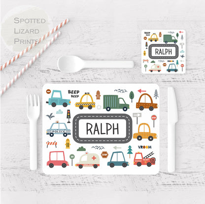 personalised cars placemat and coaster set