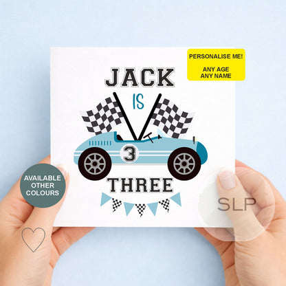Personalised Race Card Birthday Card – Any Age – Car Birthday Boy Card – Custom Name Son Grandson Nephew