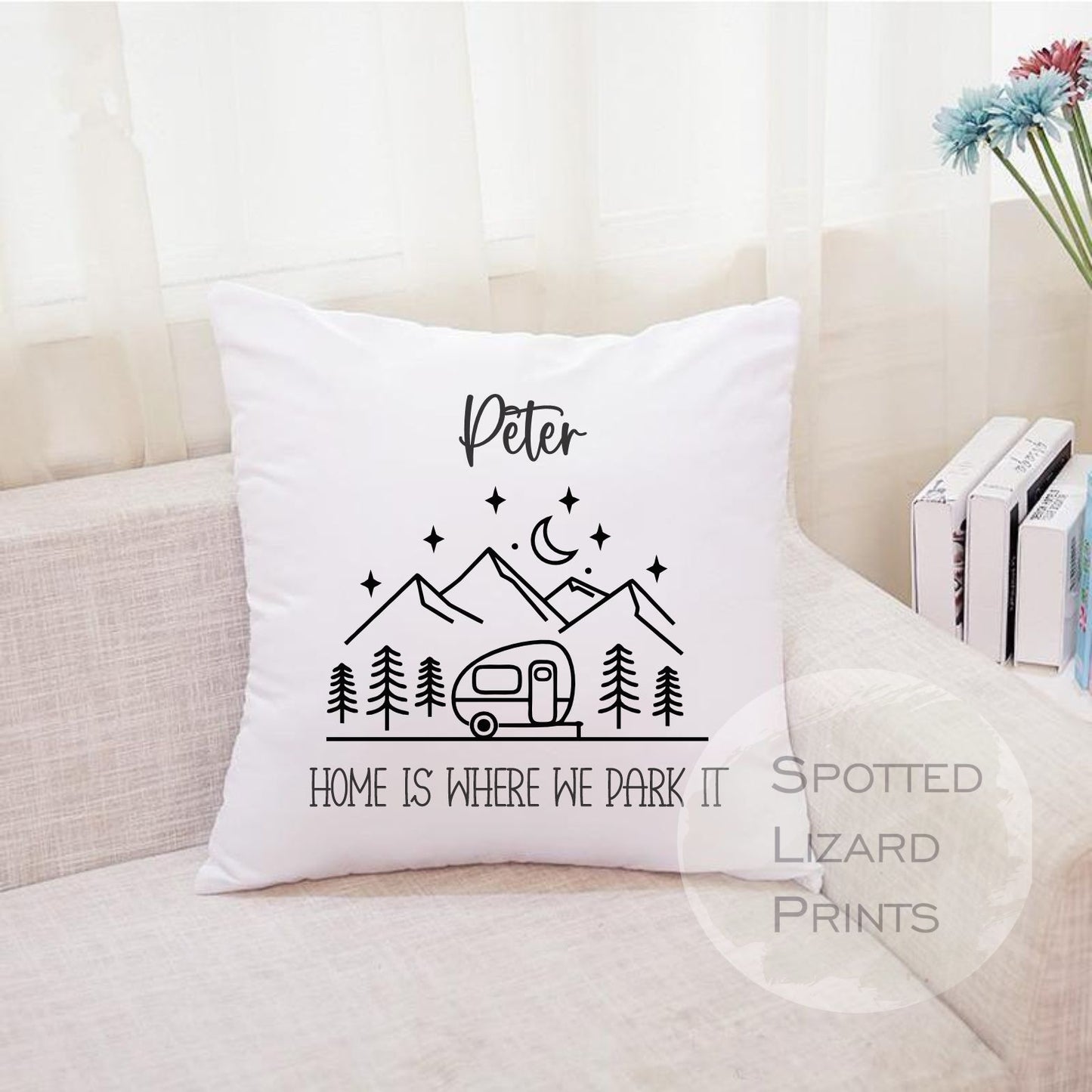 Personalised Caravan cushion. White cushion with a caravan. Personalised with a name.