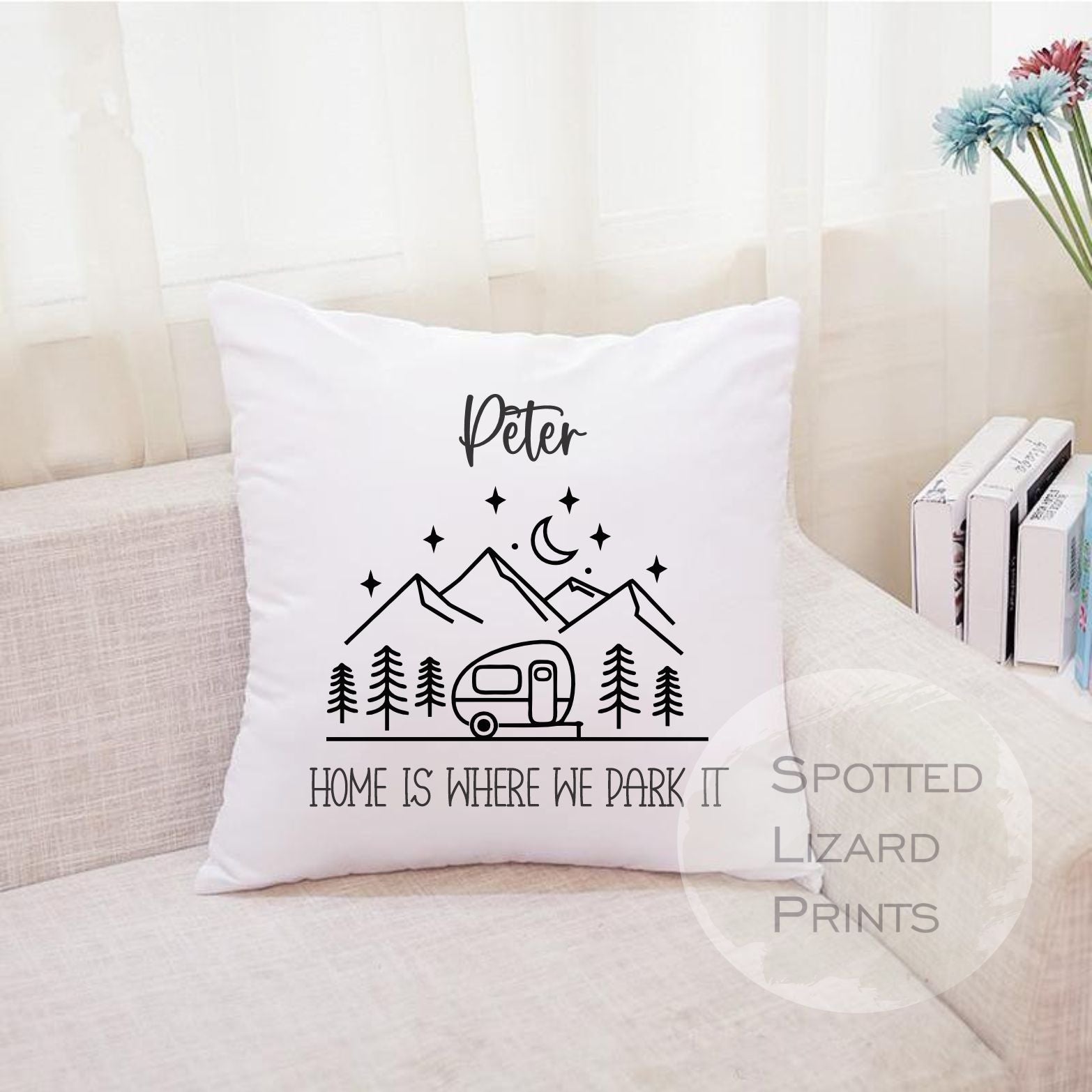 Personalised Caravan cushion. White cushion with a caravan. Personalised with a name.