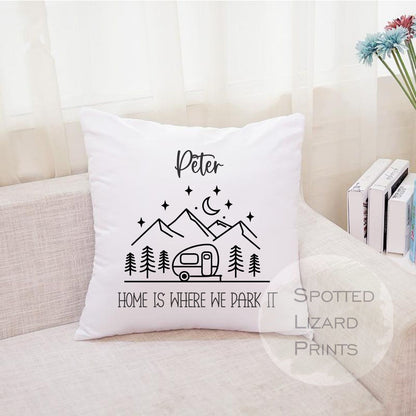 Personalised Caravan cushion. White cushion with a caravan. Personalised with a name.