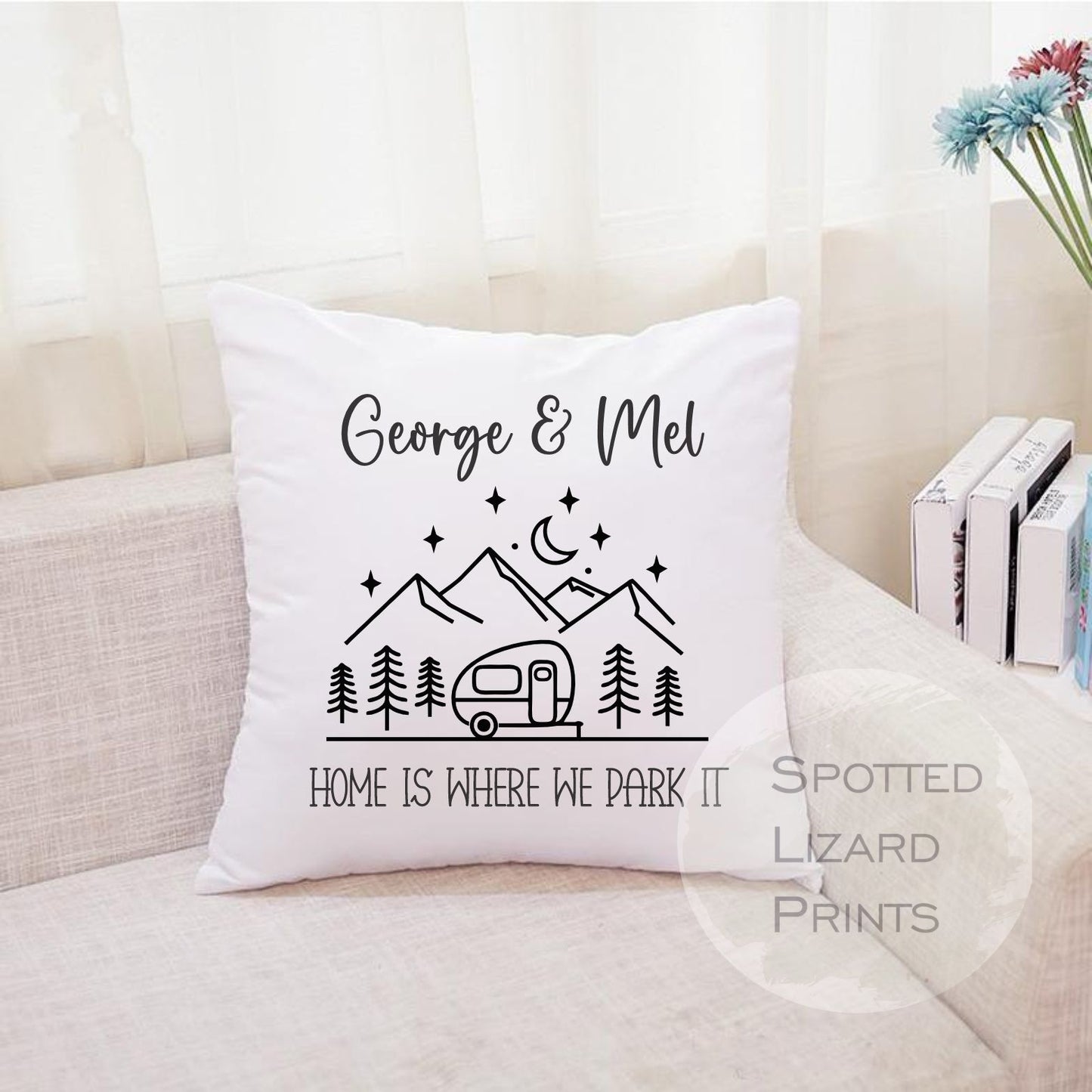 Personalised Caravan cushion. White cushion with a caravan. Personalised with a name.