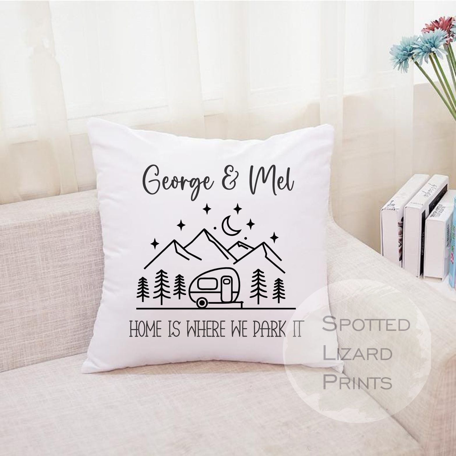 Personalised Caravan cushion. White cushion with a caravan. Personalised with a name.