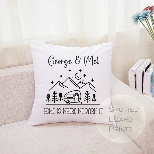 Personalised Caravan cushion. White cushion with a caravan. Personalised with a name.