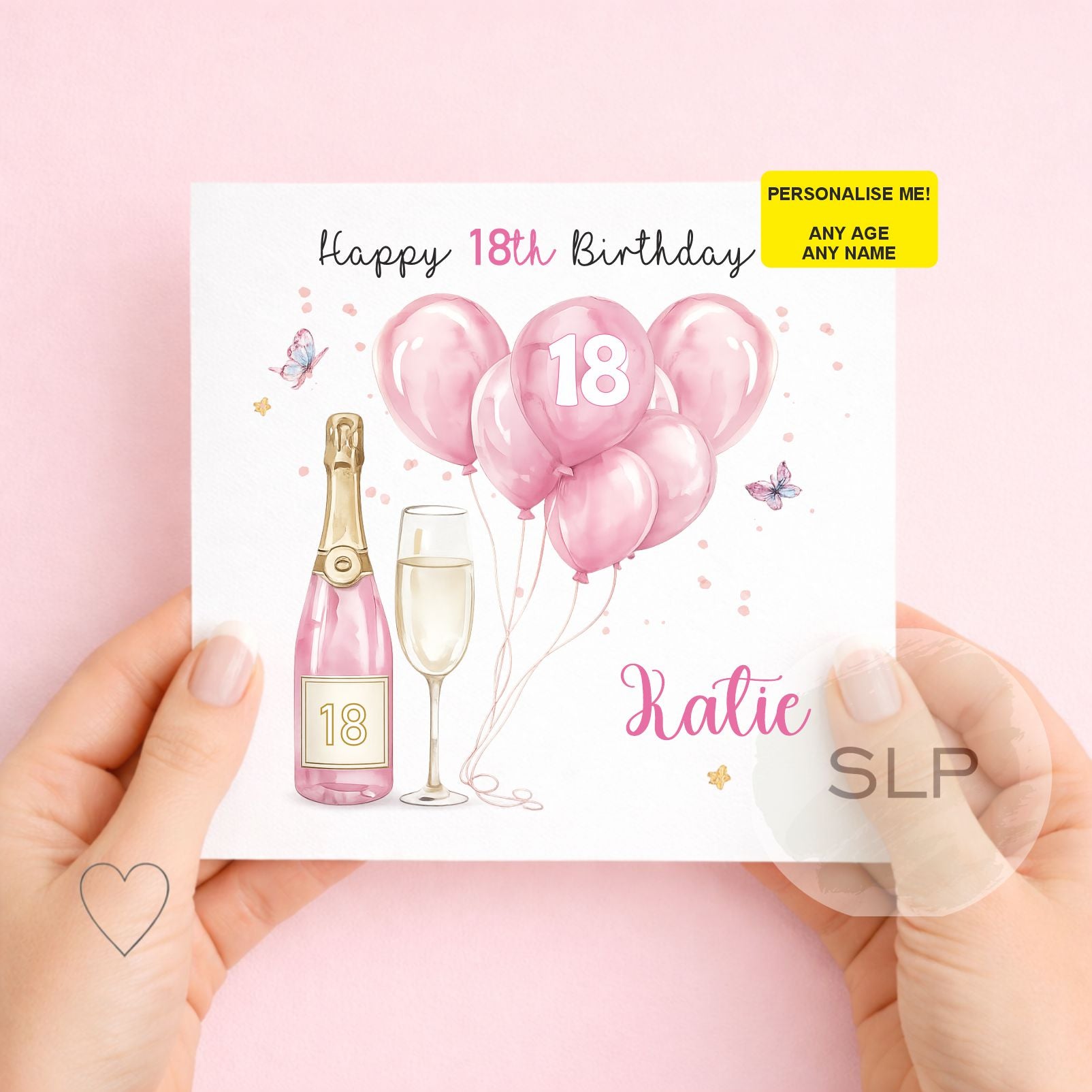 Personalised 18th Birthday Card Any Age Any Name – Pink Champagne Birthday Card – 18th 21st Birthday Card for Her Birthday Daughter Friend